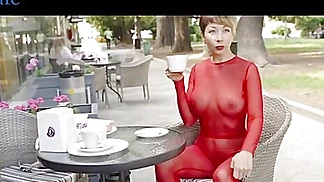 Busty Asian MILF Dressed In Transparent Suit Walks In Public
