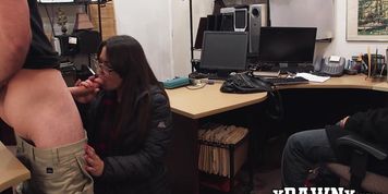 Big Tits Girl With Glasses Blows Cock In Pawnshop Office