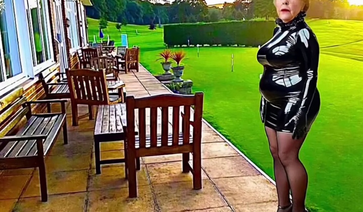 Golf Club Slut Shiny Pvc Plastic Skirt High Heel Stockings In Public Slut Granny